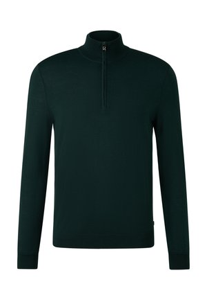 Tmavě zelený pulovr s dlouhými rukávy a vysokým límcem, se zapínáním na půl zip v přední části, vystavený na bílém pozadí.
