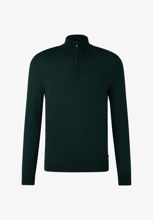 Donkergroen langemouwen pullover met hoge kraag en een halve rits aan de voorkant, weergegeven op een witte achtergrond.