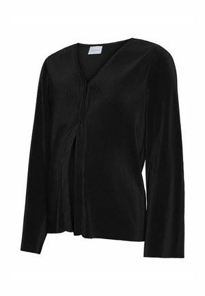 Schwarze gerippte Langarm-Maternity-Bluse mit V-Ausschnitt und verstecktem Faltendetail vorne für Dehnbarkeit und Komfort.