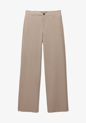 Pantalons beige à jambes larges avec fermeture à bouton et à glissière, présentant un tissu lisse et uni ainsi qu'un design avant épuré.