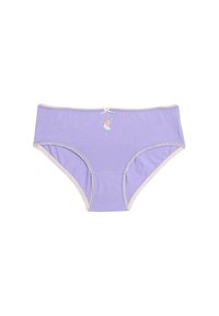 Lichtpaarse katoenen slipjes met een delicate kantafwerking. Heeft een klein geborduurd ballerina-ontwerp op de voorkant en een strikje erboven.