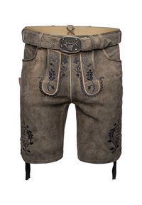 Skórzane lederhosen w odcieniu szarym z ciemnoniebieskim haftem. Posiadają zapięcie na guzik, dekoracyjny pasek oraz boczne kieszenie. Teksturowane wykończenie.