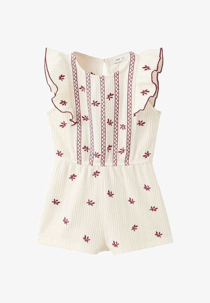 Combinaison blanche sans manches avec motifs floraux brodés bordeaux et détails à volants aux épaules.