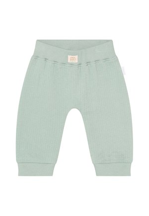 Zachte lichtgroene babybroek met geribde tailleband en boorden, met een klein label waarop staat "FREE HUGS."