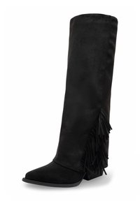 Botte noire en daim montée jusqu'au genou, avec un bout pointu et des franges sur le côté. Petit talon carré pour la stabilité et le confort.