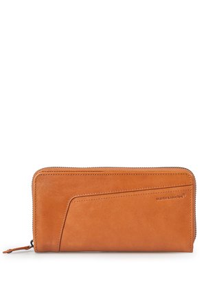 Tan leather zip-around wallet with angled front pocket and embossed "aunts&uncles" logo on the right side.