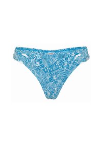Costume da bagno inferiore turchese con motivi floreali e geometrici bianchi, vita elastica e tessuto liscio. Etichetta marchiata 'Lovable'.