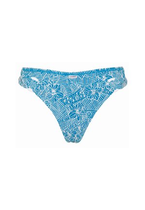 Costume da bagno inferiore turchese con motivi floreali e geometrici bianchi, vita elastica e tessuto liscio. Etichetta marchiata 'Lovable'.