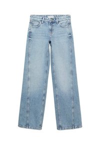 Svijetloplavi široki traperice izrađene od denima, s visokim strukom, prednjim džepovima i čistim završetkom s minimalnim hardverskim i šavnim detaljima.