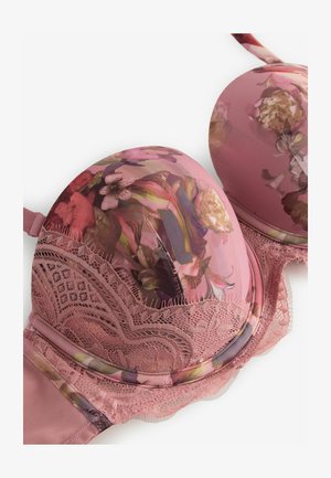 Pink padded bra with floral print cups and lace trim detailing on the band and edges against a white background.