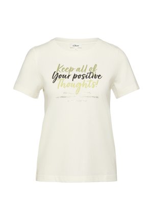 T-shirt crème à manches courtes avec encolure ronde et texte "Gardez toutes vos pensées positives !" en polices mixtes vertes et noires sur le devant.