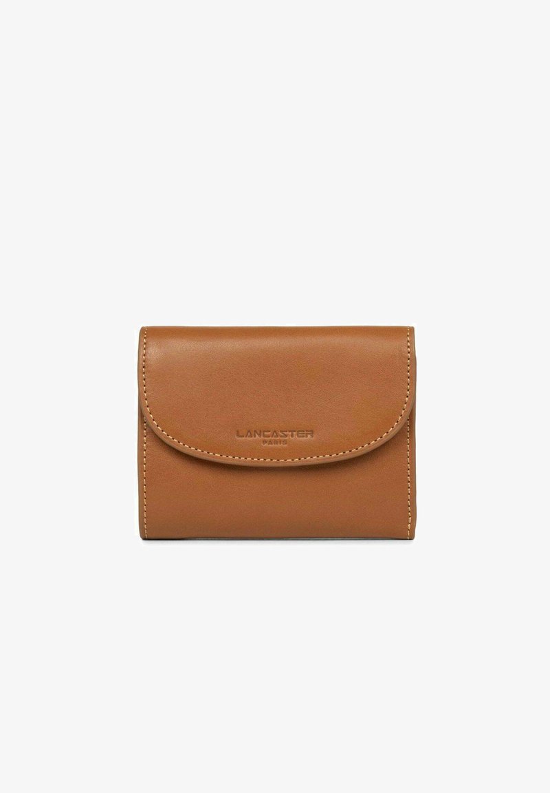 Brown leather wallet with a fold-over flap. Features embossed logo "Lancaster Paris" on the front, clean lines, and subtle stitching details.