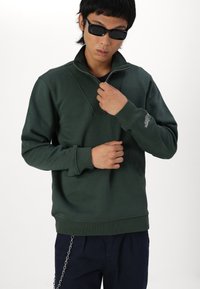 Sudadera de color verde oscuro con cuello de media cremallera, puños acanalados y un pequeño detalle del logo en la manga izquierda. Material texturizado.