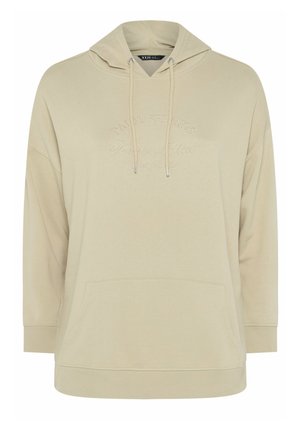 Felpa con cappuccio beige con tasca a marsupio frontale, coulisse e testo ricamato "Palm Springs Tennis Club California" sul petto.