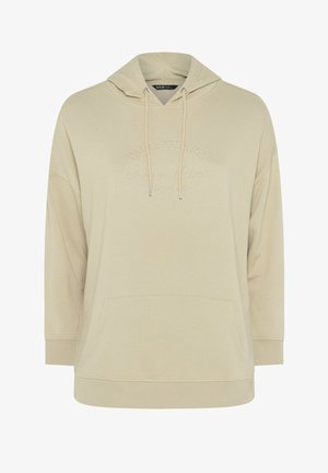 Beige hooded sweater met voorzak, trekkoorden en geborduurde tekst "Palm Springs Tennis Club California" op de borst.