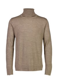 Beige polotröja i mjukt tyg, med en figursydd design, långa ärmar och en ribbad halsringning för extra textur.