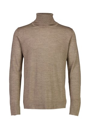Beige rullekravesweater lavet af blødt stof med en tætsiddende pasform, lange ærmer og en ribstrikket hals for ekstra tekstur.