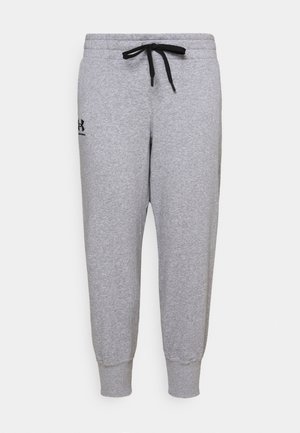 Calças de moletom cinzentas feitas de material suave, com um cós com cordão, punhos canelados e um logótipo preto na lateral.