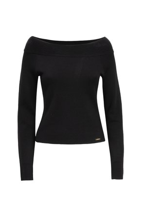 Pull noir épaules nues avec texture côtelée au niveau du col, manches longues et coupe ajustée. Présente un petit accent logo doré au niveau de l'ourlet.