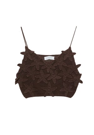 Crochet crop top in dark brown, featuring floral patterns, adjustable straps, and a textured finish. Label visible at the center.
