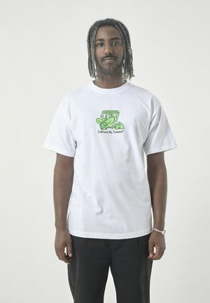 White cotton t-shirt featuring a green graphic design with the text "Embrace the Timeout." Classic fit, short sleeves, and crew neck.
