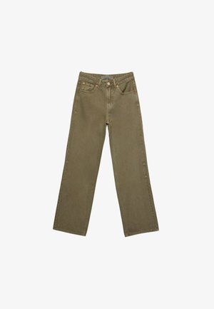 Olive green wide-leg jeans in cotton with a sturdy texture. Features a zip fly, five pockets, and contrasting stitching near the waistband.