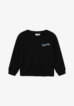 Sudadera negra con cuello redondo, mangas largas y puños acanalados. "ENOUGH" bordado en azul en el lado izquierdo del pecho. Textura suave.