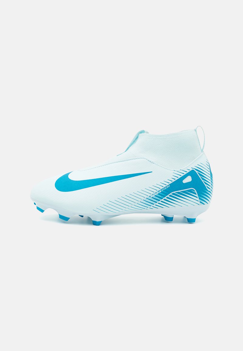 White soccer cleat with blue accents, featuring a streamlined design, textured surface, and small circular studs for grip and traction.