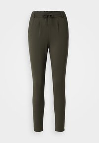 Olijf groene, taps toelopende broeken met een elastische tailleband met trekkoord, voorzien van plooien aan de voorkant en een gladde, rekbare stof.