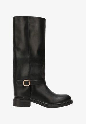 Bottes en cuir noir montantes avec accent de boucle sur le côté, texture lisse, bout arrondi et design de talon bloc bas.