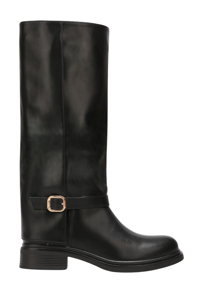 Bottes en cuir noir montantes avec accent de boucle sur le côté, texture lisse, bout arrondi et design de talon bloc bas.