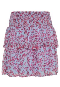 Květinová sukně s víceúrovňovým designem, vyrobená z lehkého materiálu, s nařaseným pasem. Barvy zahrnují světle modrou se růžovými květinovými vzory.