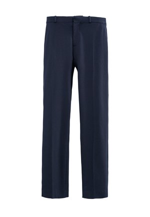 Pantaloni blu navy realizzati in tessuto liscio, con design a gamba dritta, passanti per cintura, tasche anteriori e chiusura con zip.