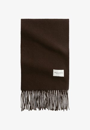 Sciarpa di lana marrone scuro con bordo frangiato e un'etichetta bianca con la scritta "Marc O'Polo EST. IN STOCKHOLM" sul lato inferiore.