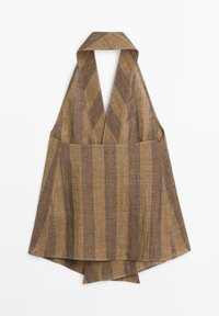 Brun- og beigefarvet stribet linnedforklæde med brede nakkestropper og en løs, vid bund, der hænger fladt mod en hvid baggrund.