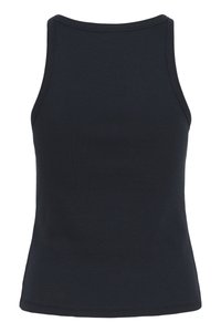 Ciemnogranatowy dopasowany top na ramiączkach, prążkowana tekstura, okrągły dekolt, brak widocznych szwów, bezrękawnik, gładka tkanina, podstawowy styl.