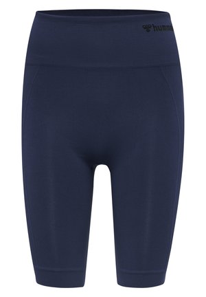 Navy blue athletic shorts with a wide waistband, featuring ribbed accents on the sides. Made from stretchy, smooth fabric.