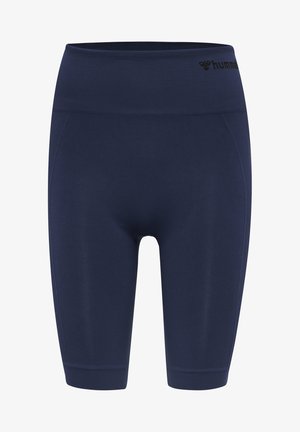 Marineblauwe sportshorts met een brede tailleband, voorzien van geribbelde accenten aan de zijkanten. Gemaakt van rekbare, gladde stof.