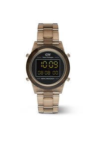Orologio cronografo digitale con cassa rotonda trasparente marrone, display nero e numeri digitali dorati. Bracciale in metallo a maglie di colore beige chiaro.