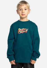 Teal sweatshirt med rund hals och långa ärmar, som har en färgglad "DC Shoe Company" grafik på bröstet.