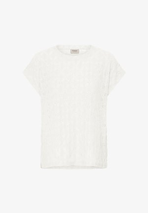 Weiße Spitzenbluse mit kurzen Ärmeln, kleinem floralen Lochmuster und rundem Ausschnitt, Marke Fransa.