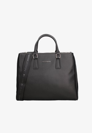 Borsa strutturata nera con due manici corti, tracolla removibile con testo e chiusura con cerniera argento.