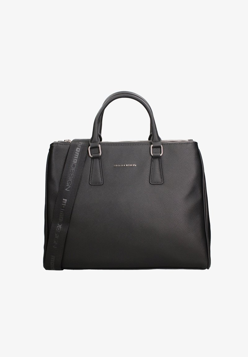 Sac à main structuré noir avec deux poignées courtes, une bandoulière amovible avec texte, et une fermeture éclair argentée.