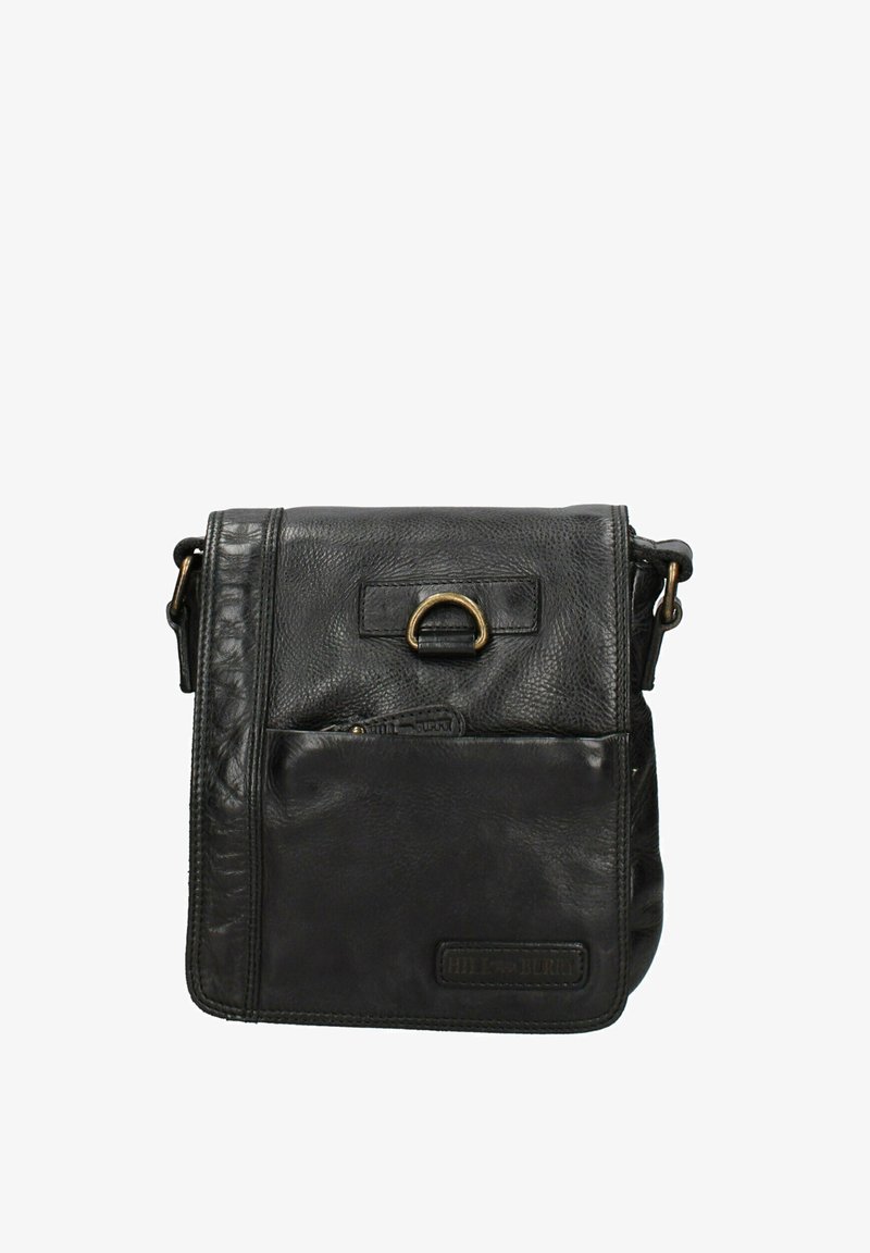 Sac en cuir noir à bandoulière avec une surface texturée, fermeture à rabat, poche avant et accent en métal. Sangle réglable incluse.