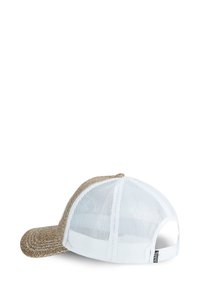 White mesh baseball cap with a glittery gold visor, featuring a curved brim and an adjustable strap at the back for size adjustment.