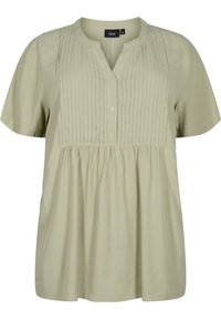 Light green short-sleeve blouse with a button-up collar, featuring vertical pleats on the front and a loose, flowing design.