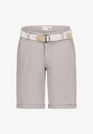 Light gray shorts made of smooth fabric, featuring a braided white and tan belt with a metal buckle. Cuffed hem and side pockets included.