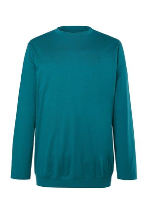 Felpa a maniche lunghe color verde acqua con girocollo, logo ricamato discreto sul petto sinistro e polsini e orlo a coste.