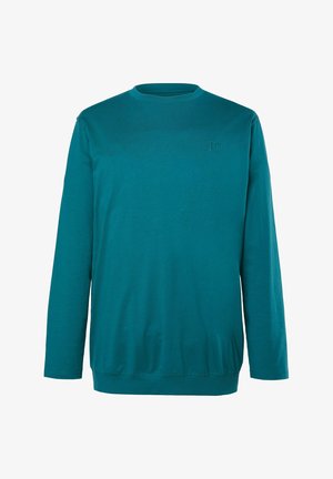 Langarm sweater in petrolkleur met ronde hals, subtiel geborduurd logo op de linkerborst en geribbelde manchetten en zoom.