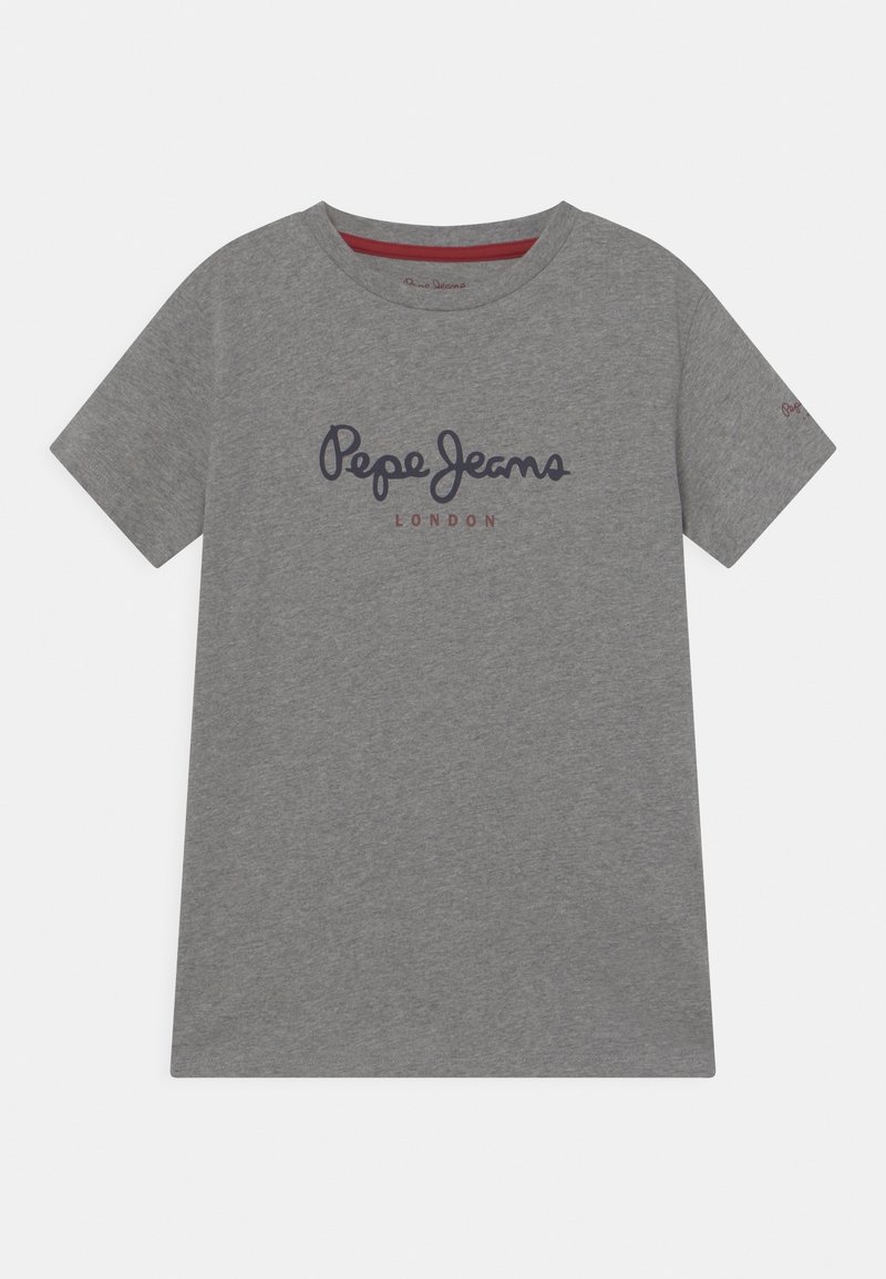 Szary bawełniany t-shirt z krótkimi rękawami, z logo "Pepe Jeans London" w granatowo-czerwonym nadruku na piersi. Okrągły dekolt.